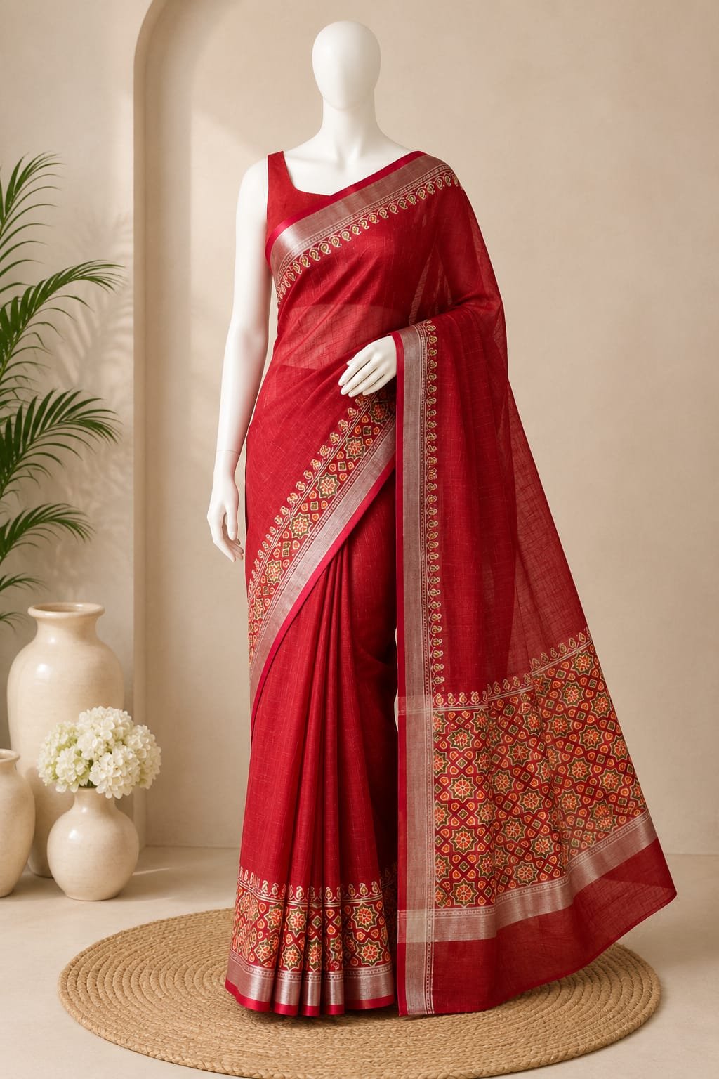 Cotton Saree with Ethnic Printed Border - Image 2