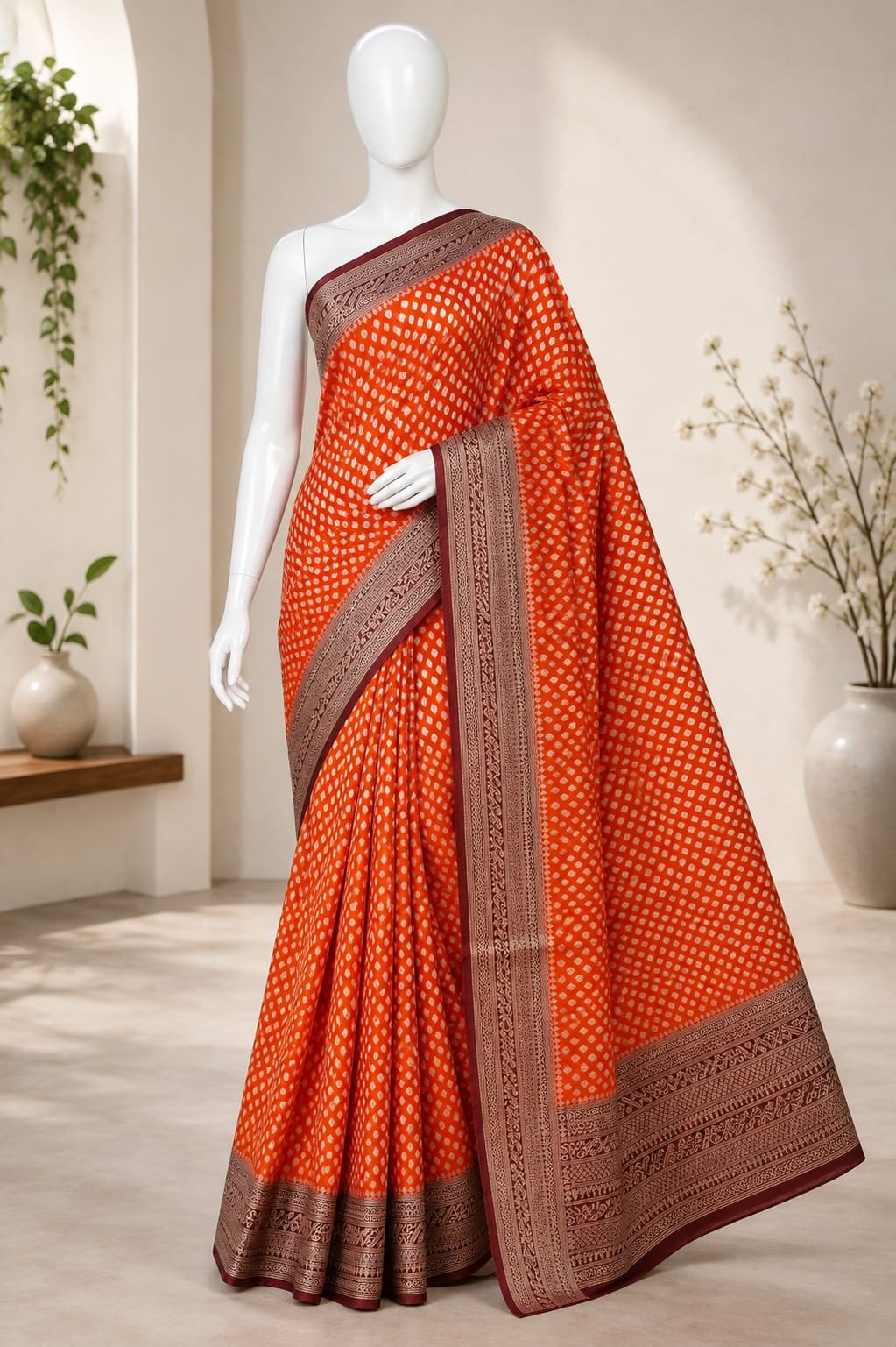 Rust Red Zari Butta Banarasi Saree - Image 2