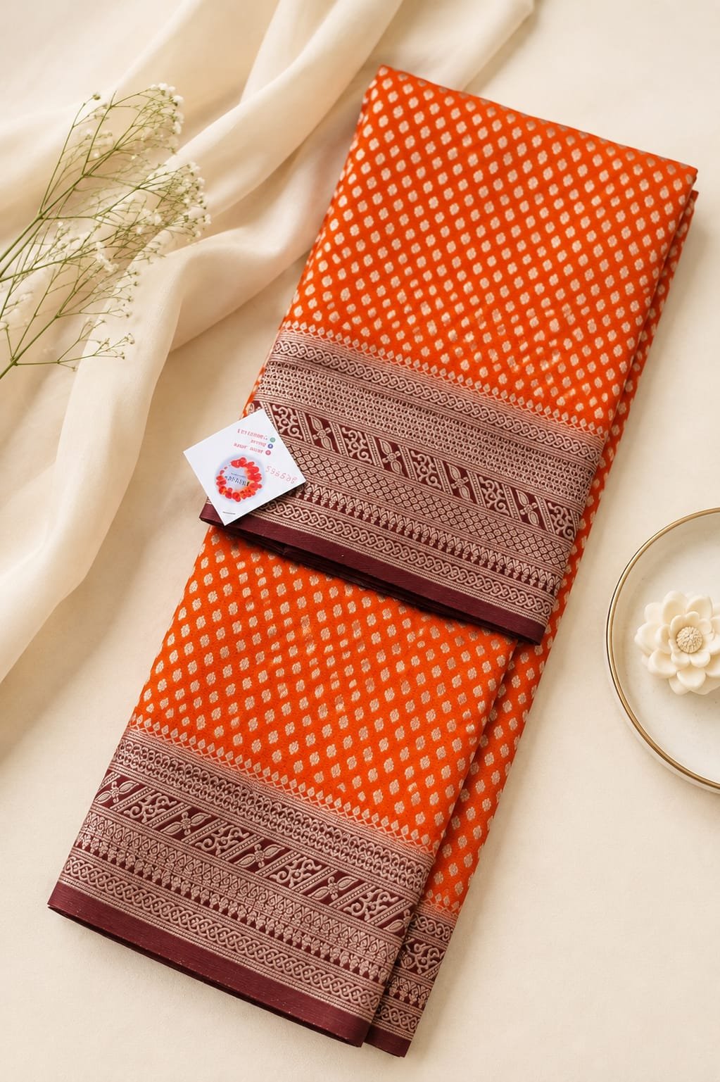 Rust Red Zari Butta Banarasi Saree