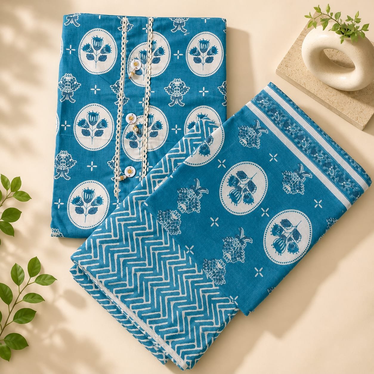 Teal Blue Printed Dress Material