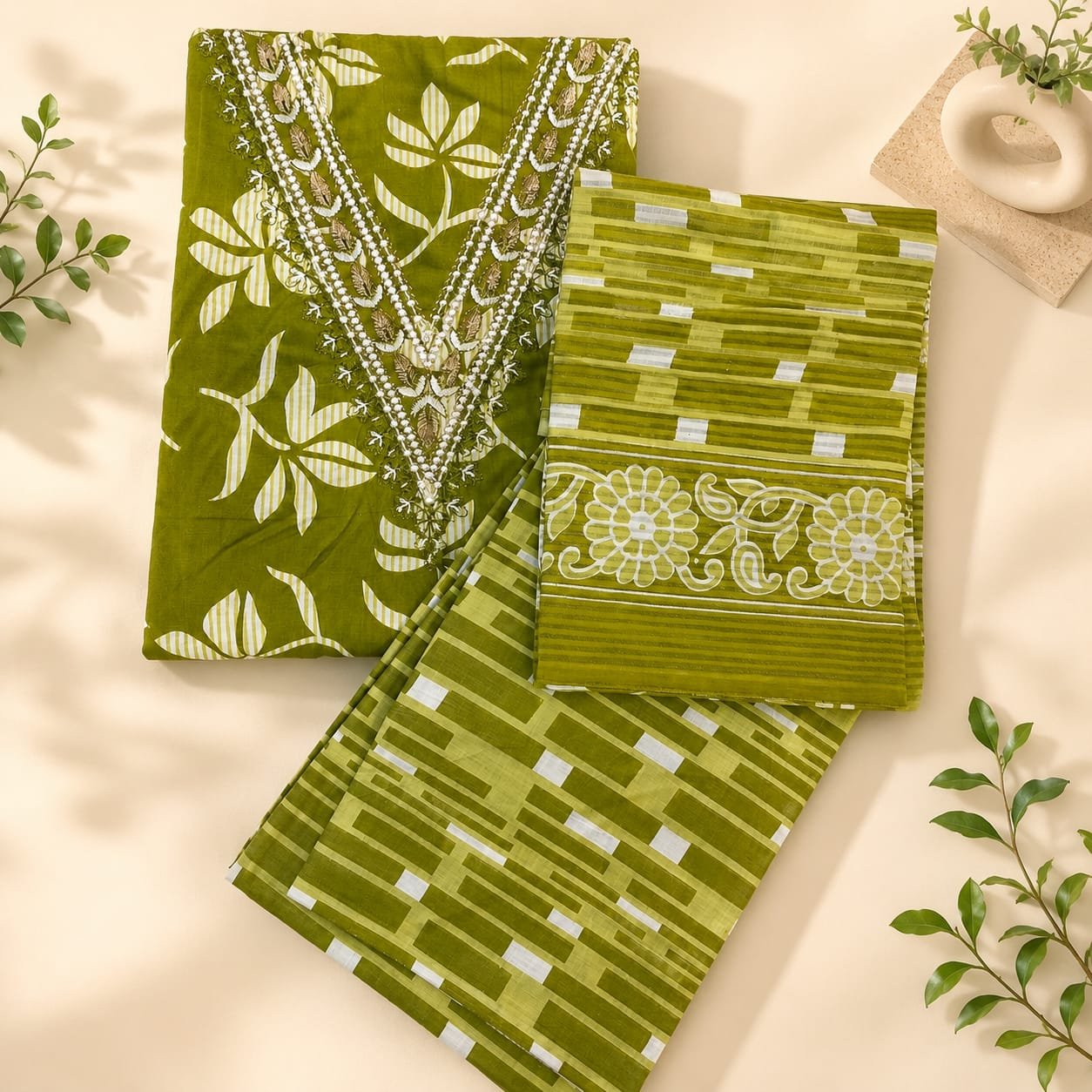 Olive Green Printed Soft Cotton