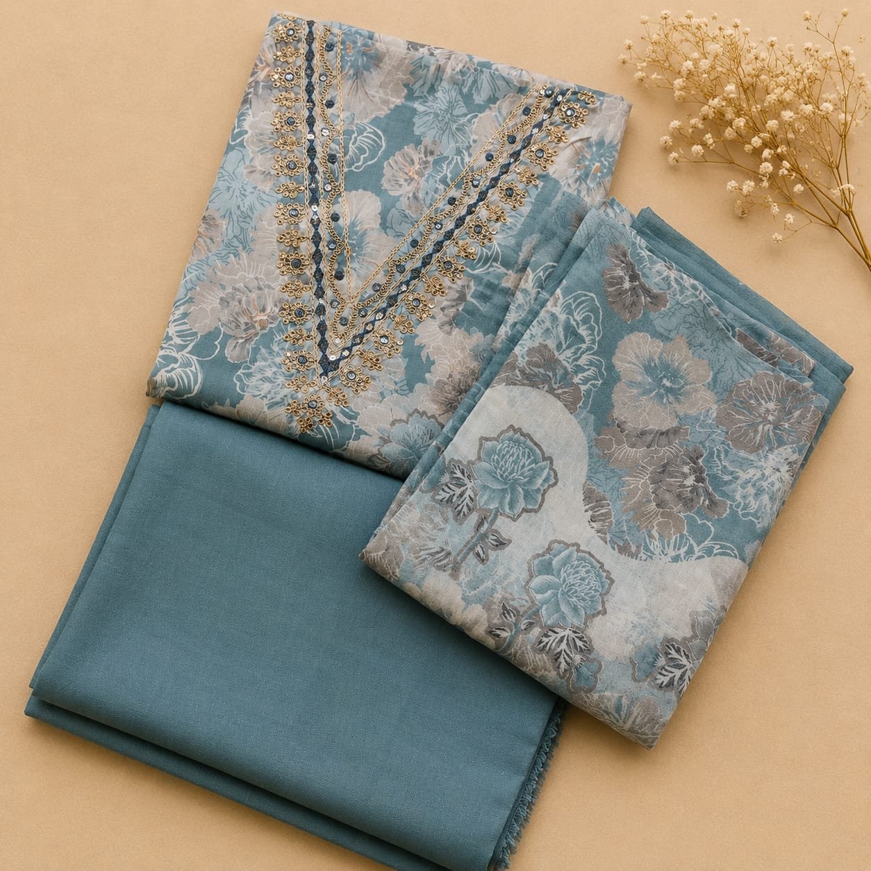 Ice Blue Floral Dress Material