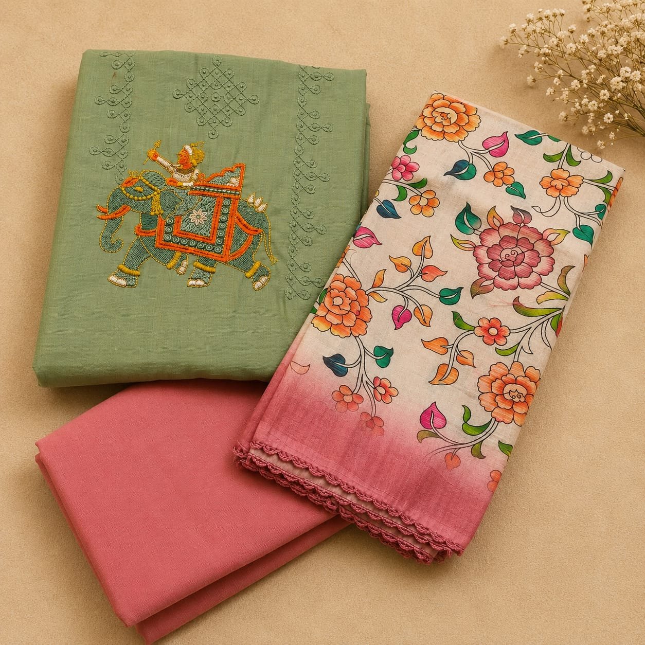 Sage Green Embroidery with Floral Dupatta