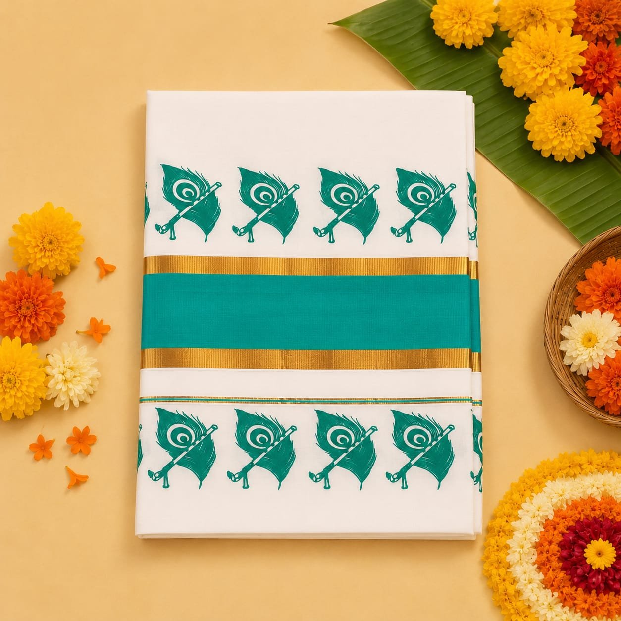 Aqua Green Peacock Feather Kasavu Saree - Image 2