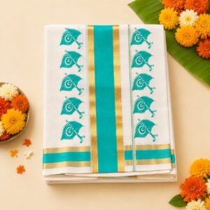Aqua Green Peacock Feather Kasavu Saree