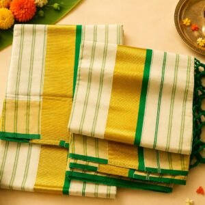 Green Gold Kasavu Stripe  Tissue Silk Set Mund