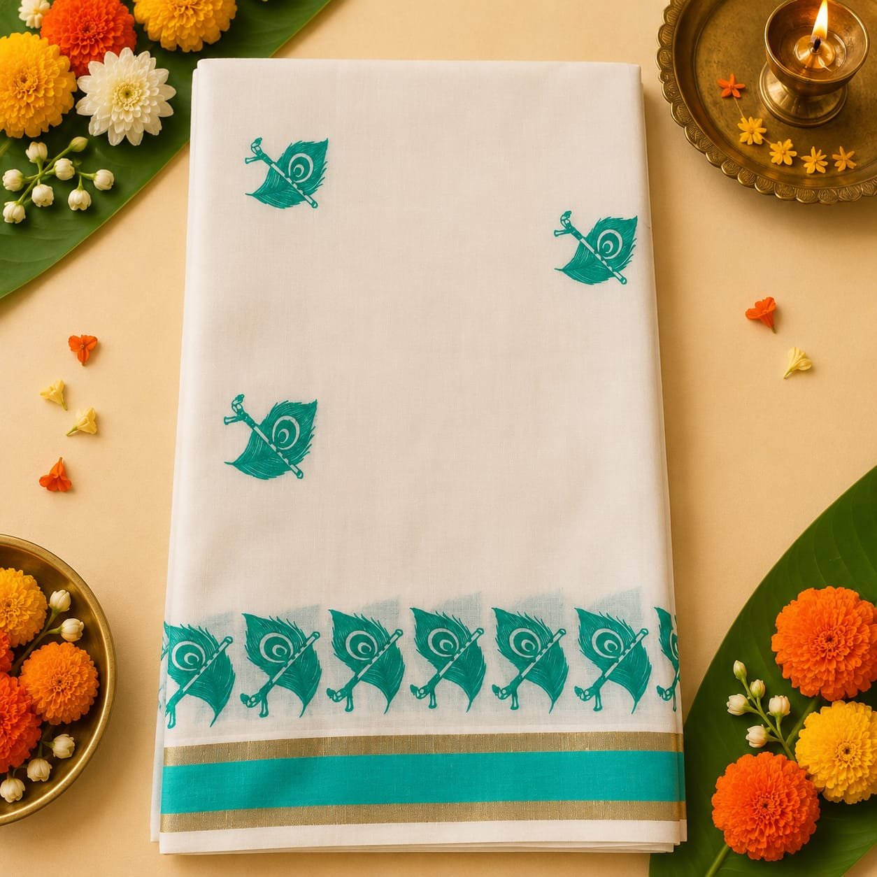 Aqua Green Peacock Feather Kasavu Saree - Image 3