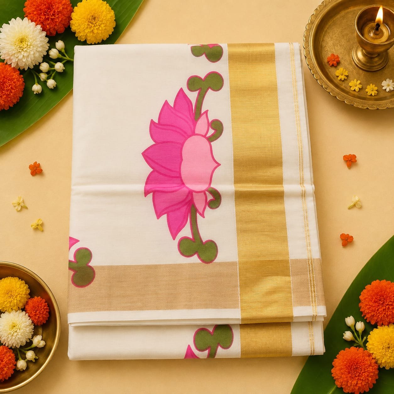 Pink Lotus Gold Kasavu Saree - Image 2