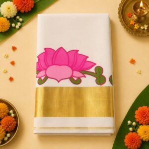 Pink Lotus Gold Kasavu Saree
