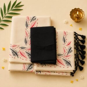 Feather Print Cream Set Mund with Black Blouse