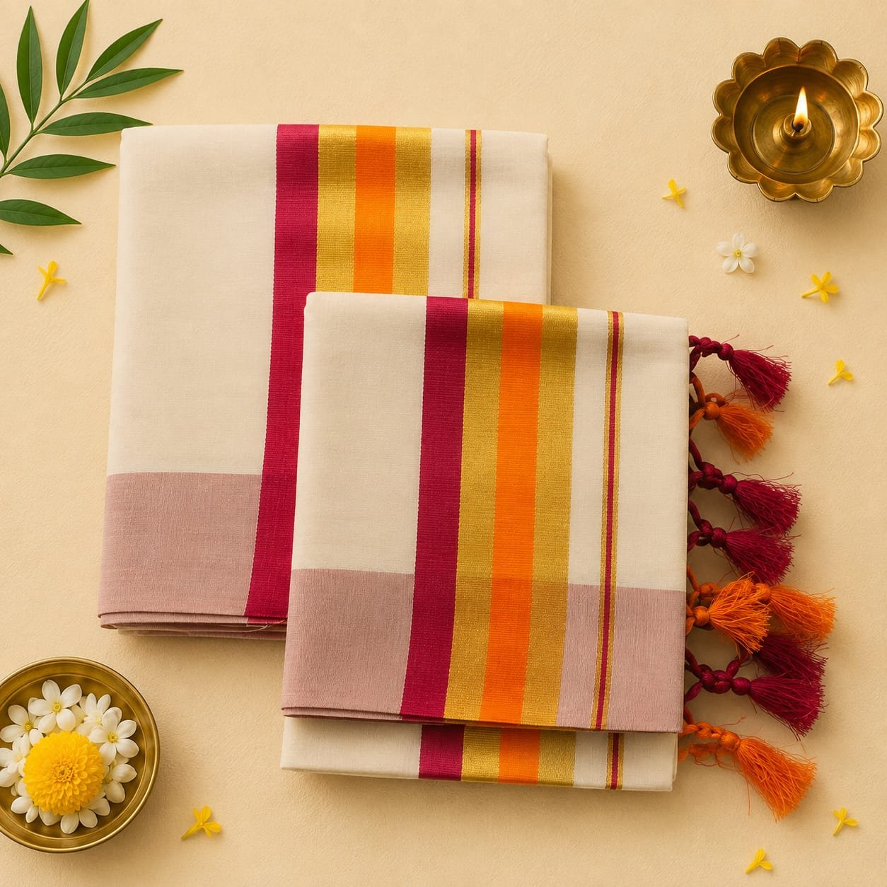 Multicolour Kasavu Festive Tissue Silk Set Mund - Image 2