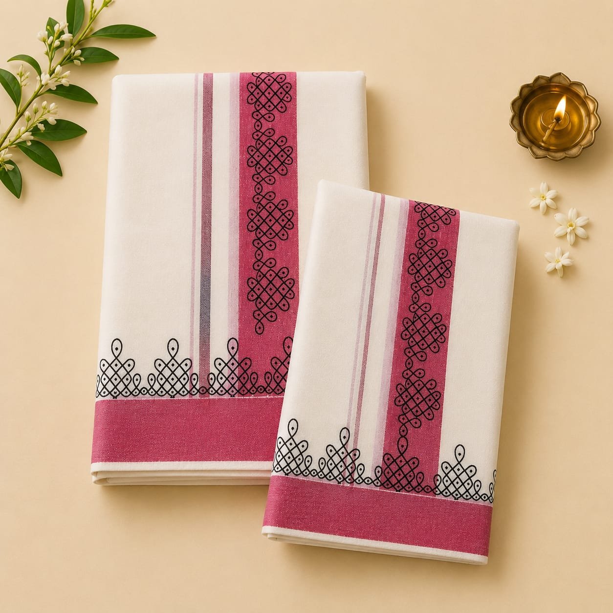 Pink Kolam Border Set Mundu