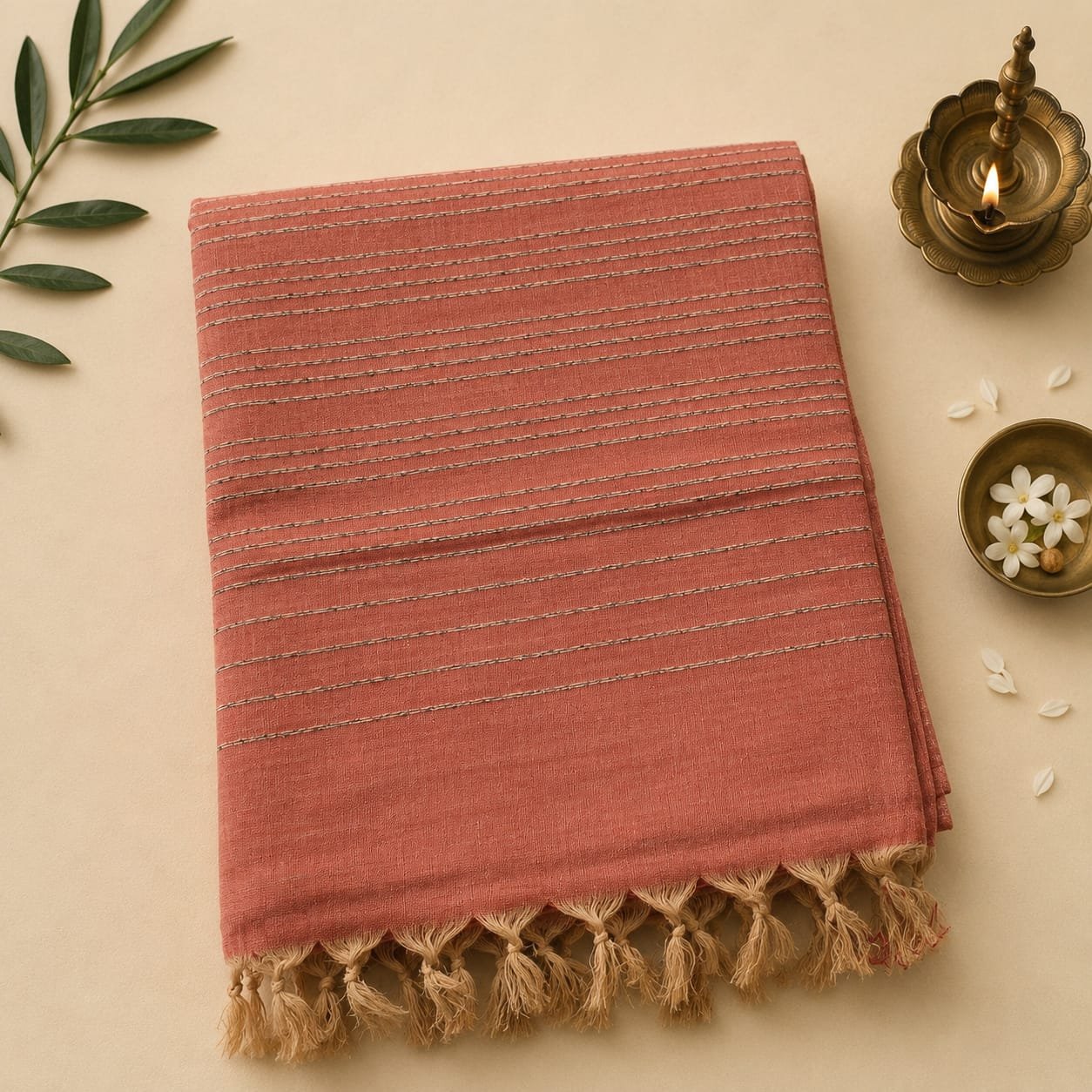 Dusty Coral Stripe Tassel Saree