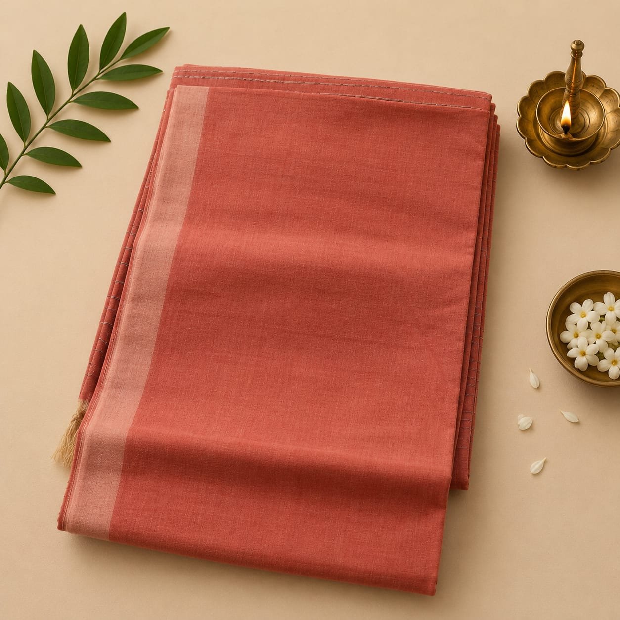 Dusty Coral Stripe Tassel Saree - Image 2