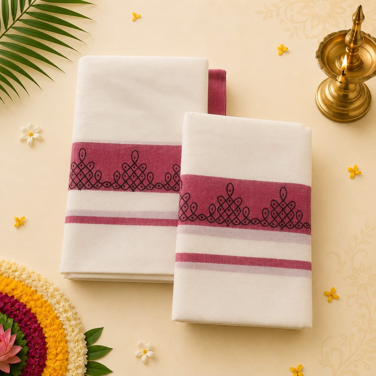 Pink Kolam Border Set Mundu - Image 2